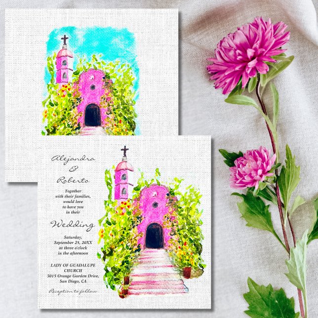 Pink Chapel Watercolor Mexican Wedding Invitation (Creator Uploaded)