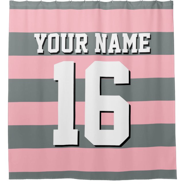 Pink Charcoal Sports Jersey Preppy Stripe Shower Curtain (Front)