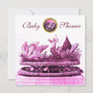 PINK CHARIOT OF SWANS / CUPCAKES GIRL BABY SHOWER INVITATION