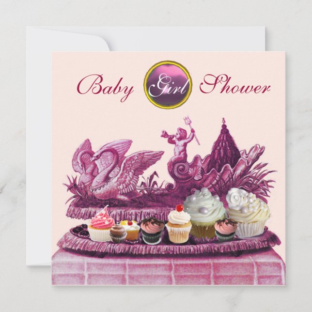 PINK CHARIOT OF SWANS / CUPCAKES GIRL BABY SHOWER INVITATION (Front)