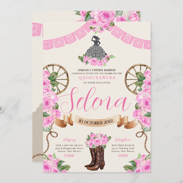 Pink Charro Quinceanera Papel Picado Western Rose Invitation (Front/Back)