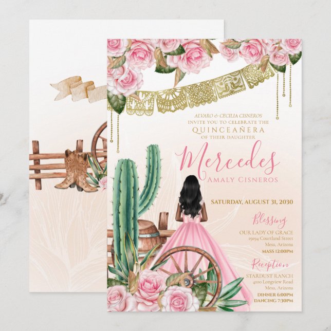 Pink Charro Western Floral Beautiful Cacti Quince Invitation (Front/Back)