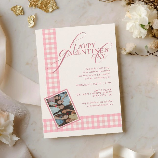 Pink Check Minimal Elegant Typography Galentine's Invitation (Creator Uploaded)