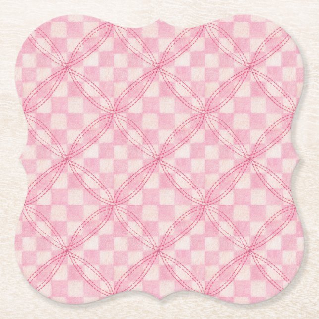 PINK CHECK QUILT Bracket Paper Coasters (Front)