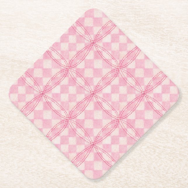 PINK CHECK QUILT Diamond Paper Coasters (Front)