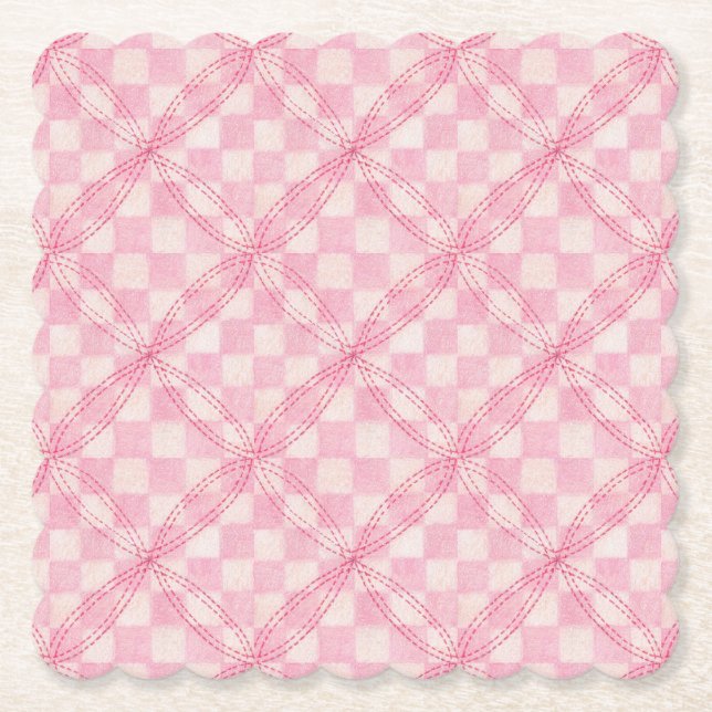 PINK CHECK QUILT Scalloped Square Paper Coasters (Front)