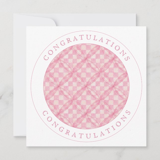 PINK CHECK QUILT Square Flat Congratulations Card (Front)