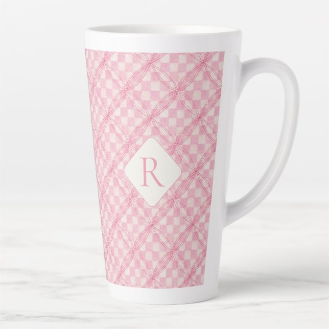 PINK CHECK QUILT Tall Latte Mug + Initial (Right)