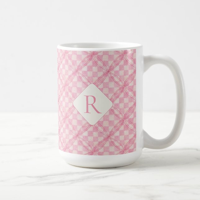 PINK CHECK QUILT Tall White Mug + Initial (Right)