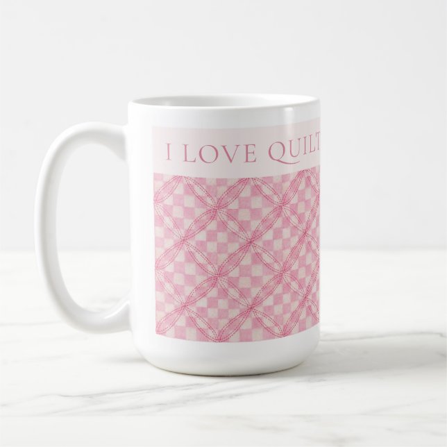 PINK CHECK QUILT Tall White Mug + Text / Pink (Left)