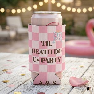 Pink Check "Til Death Do Us Party" Wedding Bachelo Can Cooler
