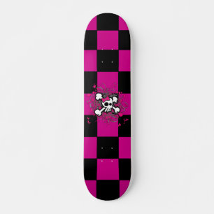Pink Checker Girly Skull Skateboard