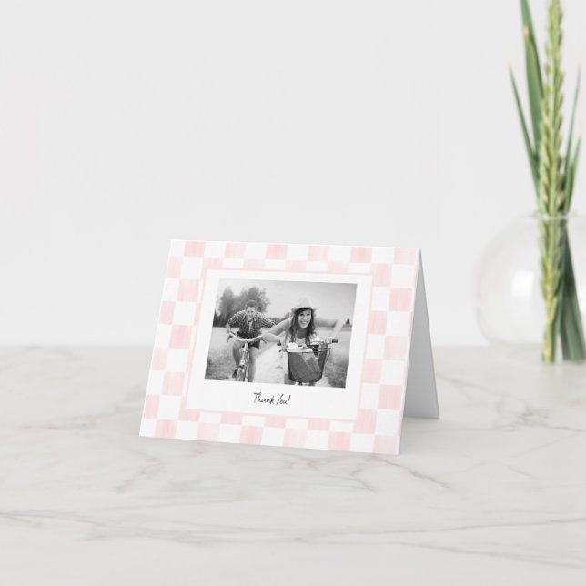 Pink Checkerboard Personalized Photo Thank You Card (Front)