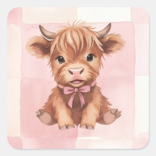 Pink Checkered Highland Cow Cute Gift Wrap Square Sticker (Front)