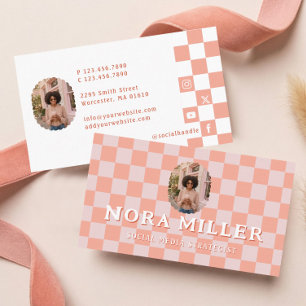 Pink Checkered Pattern Photo Content Creator Photo Business Card