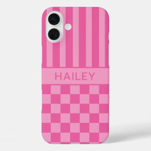 Pink Checkered Striped Personalized iPhone 16 Plus Case