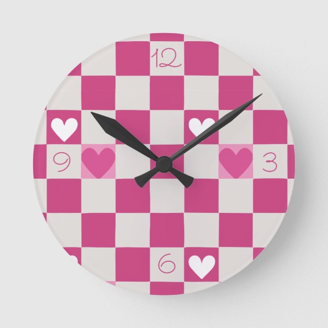 Pink Checkers & Hearts Round Clock (Front)