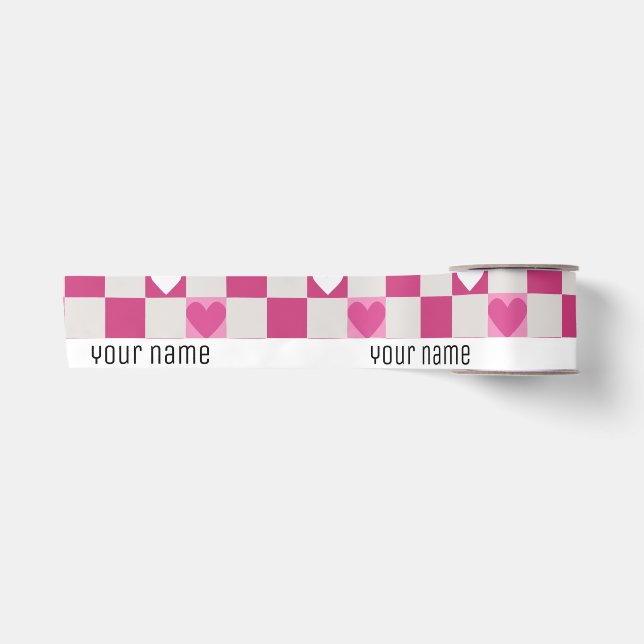 Pink Checkers & Hearts Satin Ribbon (Front)