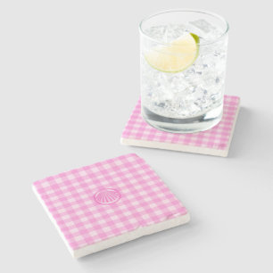 Pink Checkers with Sea Shell Stone Coaster