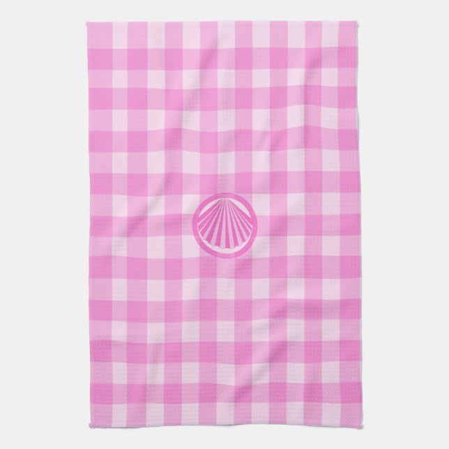 Pink Checkers with Sea Shell- Tea Towel (Vertical)
