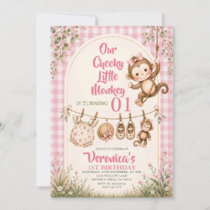 Pink Cheeky Little Monkey First Birthday Invitation