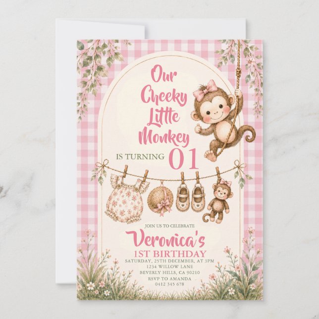 Pink Cheeky Little Monkey First Birthday  Invitation (Front)