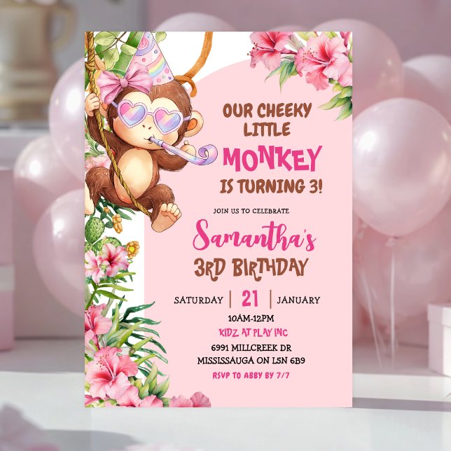 Pink Cheeky Little Monkey Savannah Theme Birthday Invitation (Creator Uploaded)