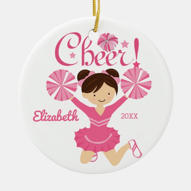 Pink Cheer Dark Hair Cheerleader Ornament (Front)