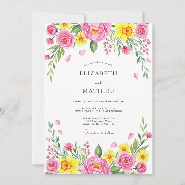 Pink Cheerful Spring Meadow Wedding Invitation (Front)