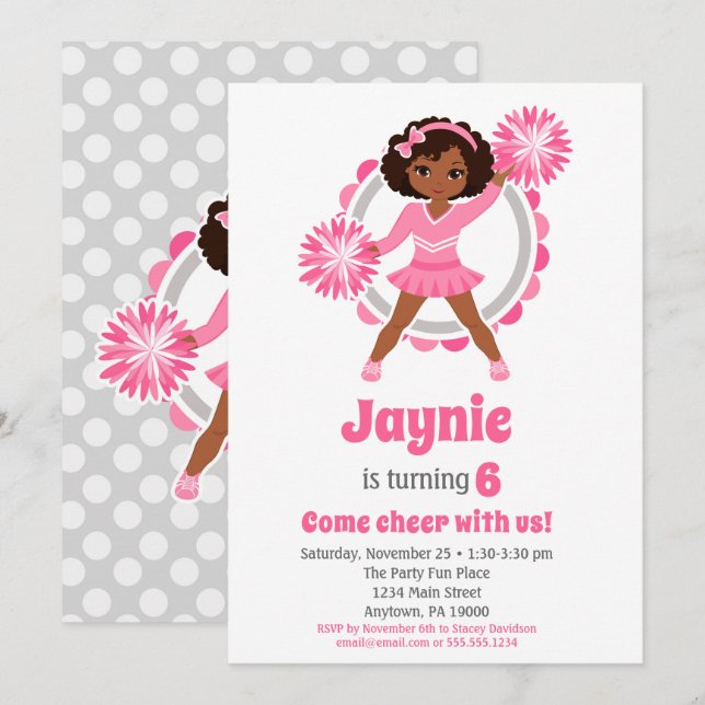 Pink Cheerleader - African American Birthday Invitation (Front/Back)