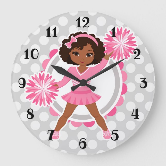 Pink Cheerleader African American  - Cute Cheer Large Clock (Front)