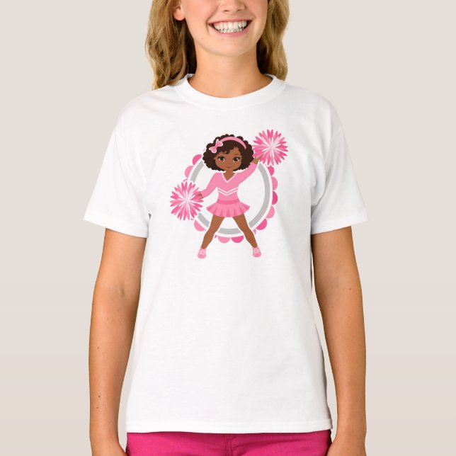 Pink Cheerleader African American  - Cute Cheer T-Shirt (Front)