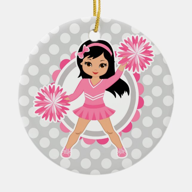 Pink Cheerleader Black Hair - Cute Cheer Ceramic Tree Decoration (Front)