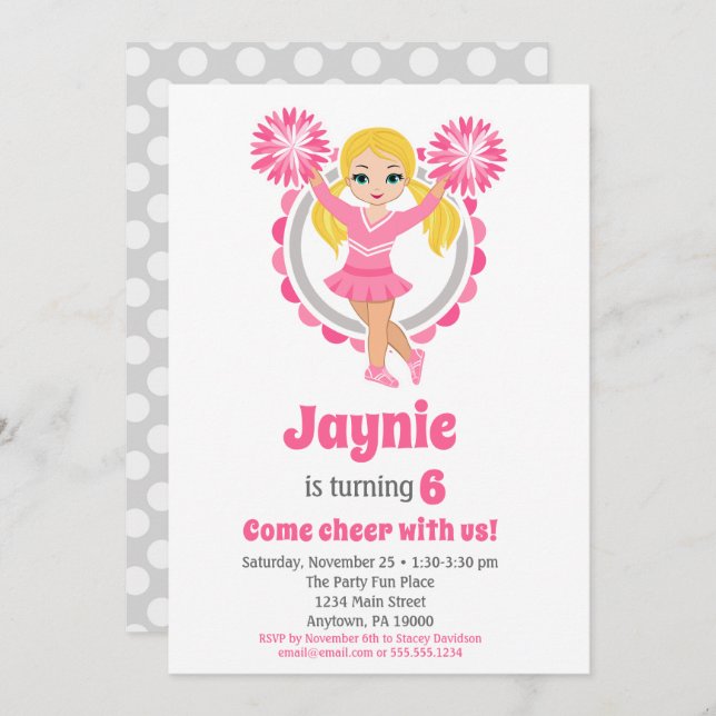 Pink Cheerleader - Blonde Girls Cheer Birthday Invitation (Front/Back)