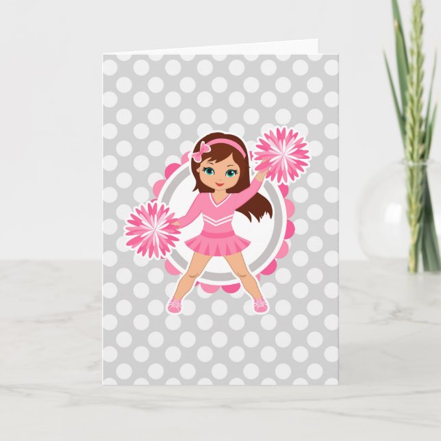 Pink Cheerleader Brunette - Cute Cheer Card (Front)