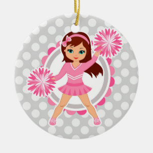 Pink Cheerleader Brunette - Cute Cheer Ceramic Tree Decoration