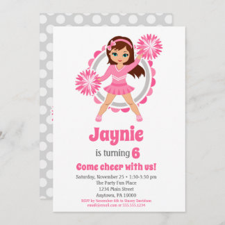 Pink Cheerleader - Brunette Girls Cheer Birthday Invitation