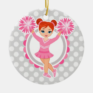 Pink Cheerleader Redhead - Cute Cheer Ceramic Tree Decoration