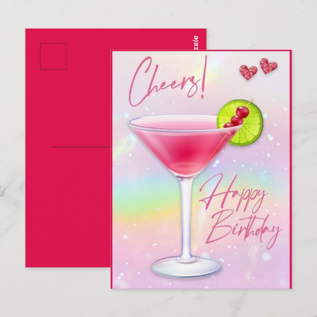 Pink Cheers Happy Birthday Greeting Post Card (Front/Back)
