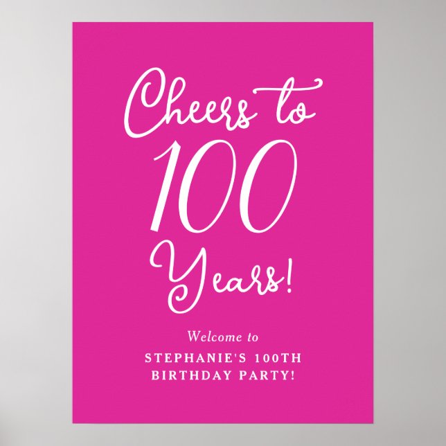 Pink Cheers to 100 Years Birthday Welcome Poster (Front)
