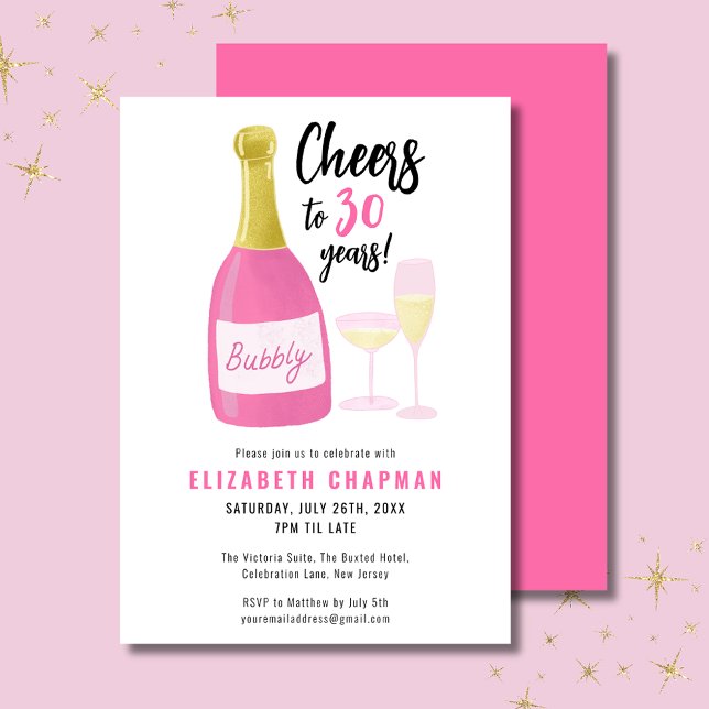 Pink Cheers to 30 years bubbly 30th birthday party Invitation (Cheers to 30 years pink champagne  30th birthday invitation.  Full 30th birthday party range.)