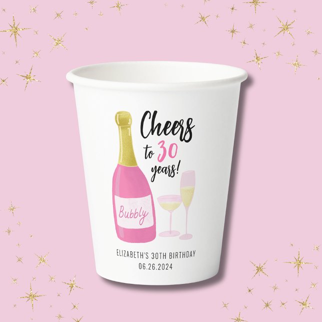 Pink Cheers to 30 years bubbly 30th birthday party Paper Cups (Cheers to 30 years pink champagne paper cups.  Full 30th birthday party range collection.)