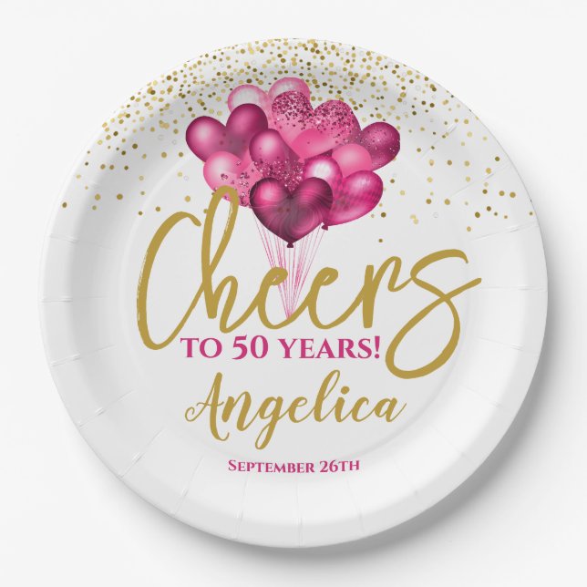Pink Cheers To 50 Years 50th Birthday Paper Plate (Front)