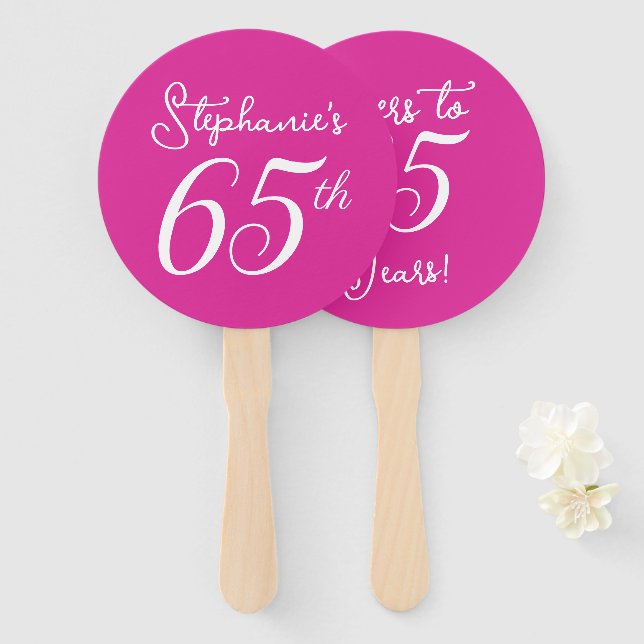 Pink Cheers to 65 Years 65th Birthday Party Hand Fan (Front and Back)