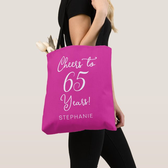 Pink Cheers to 65 Years 65th Birthday Tote Bag (Close Up)