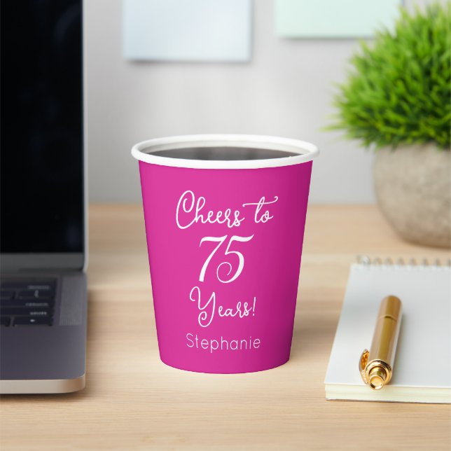 Pink Cheers to 75 Years 75th Birthday Paper Cups (Insitu)