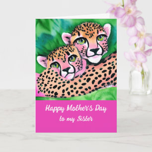 Pink Cheetah Cub + Mum Sister Mothers Day  Card