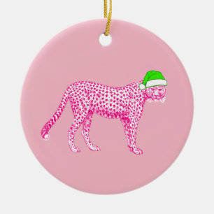 Pink Cheetah in a Santa Hat Ceramic Tree Decoration