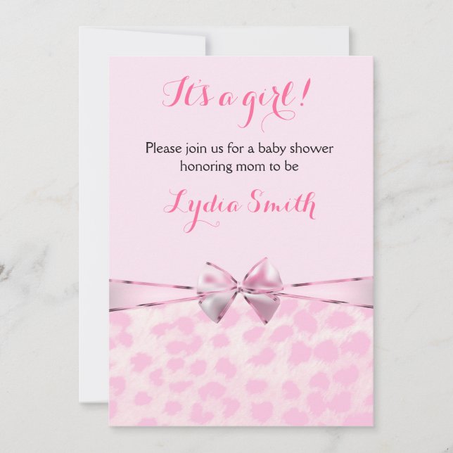 Pink Cheetah Leopard Bow Baby Shower Girl Invite (Front)