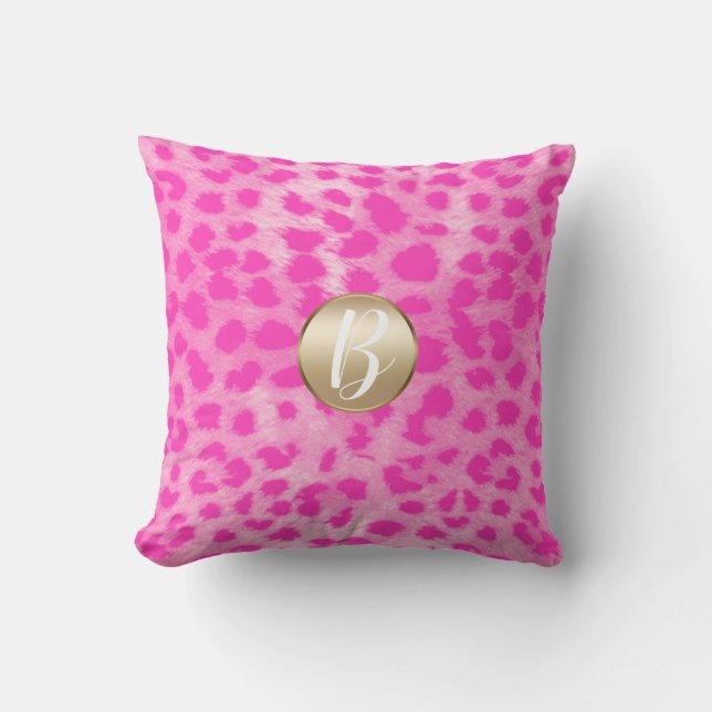 Pink Cheetah Leopard Print Monogram Gold Glitter Cushion (Front)